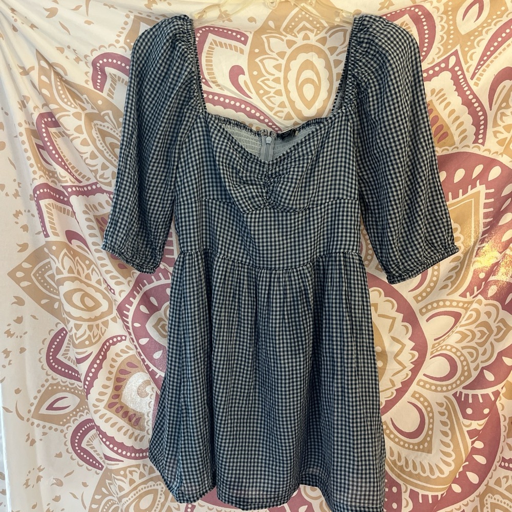 Checkered Dress with Puff Sleeves